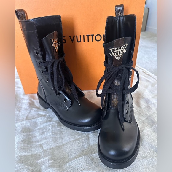 New LOUIS VUITTON Black Leather Metropolis Flat Ranger LV Monogram Combat Boots - Picture 4 of 13